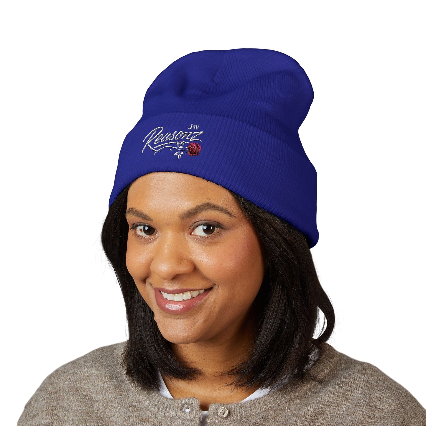 Embroidered "Rescue" Floral Cuffed Beanie - Yellow