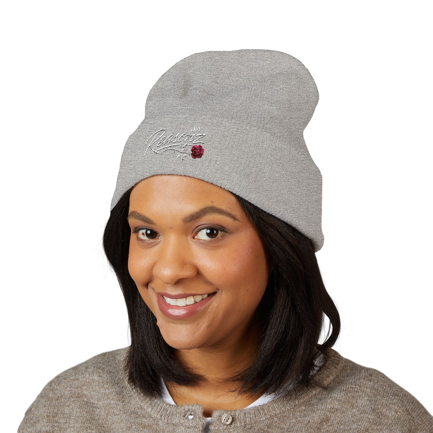 Embroidered "Rescue" Floral Cuffed Beanie - Yellow