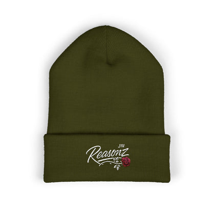 Embroidered "Rescue" Floral Cuffed Beanie - Yellow
