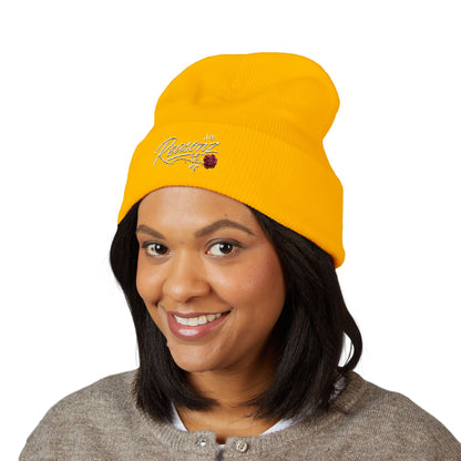 Embroidered "Rescue" Floral Cuffed Beanie - Yellow