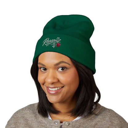 Embroidered "Rescue" Floral Cuffed Beanie - Yellow
