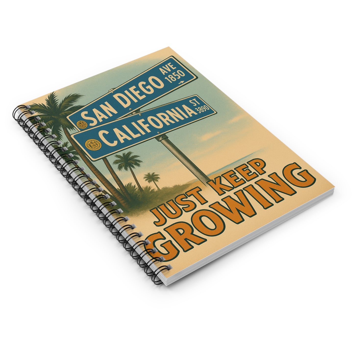California-Inspired Spiral Notebook - Just Keep Growing, Motivational Journal, Travel Memoir, Gift for Students, Tropical Vibes