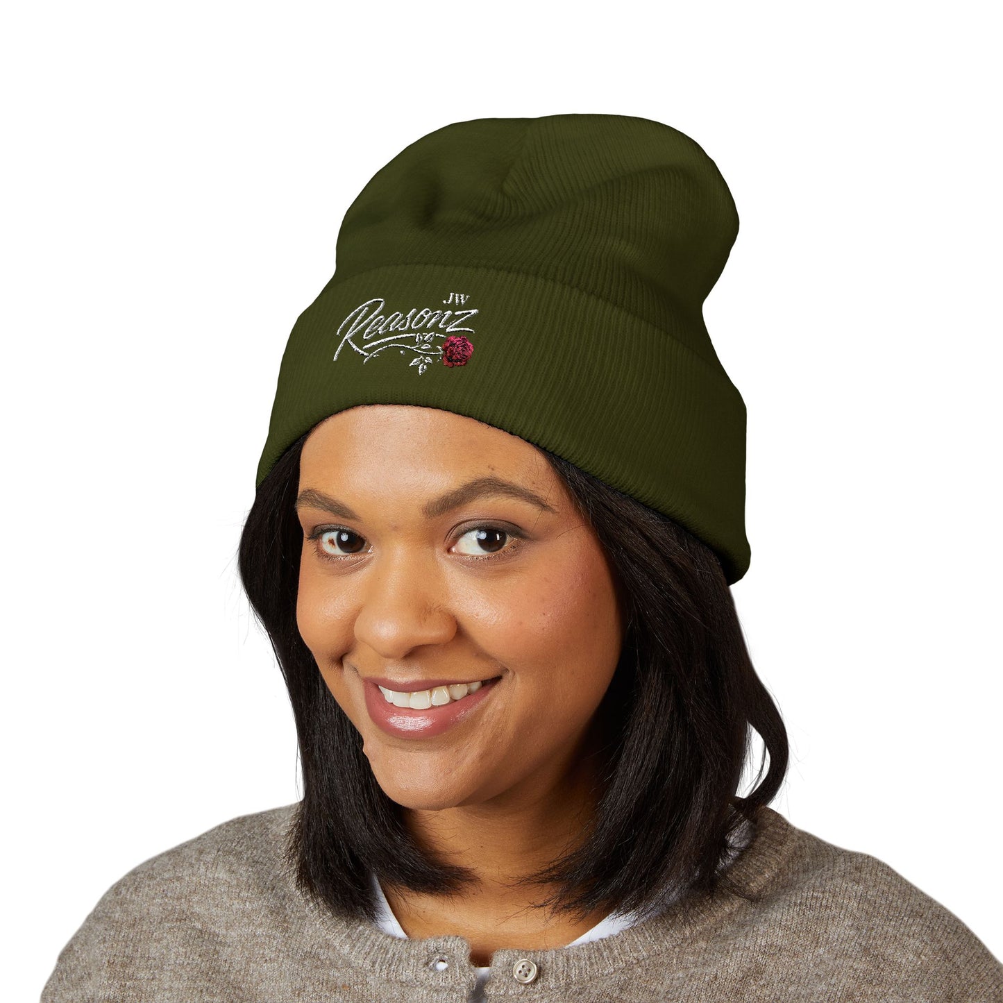 Embroidered "Rescue" Floral Cuffed Beanie - Yellow