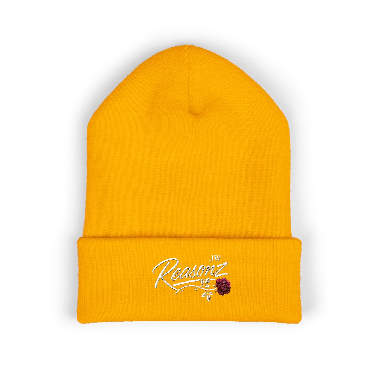 Embroidered "Rescue" Floral Cuffed Beanie - Yellow
