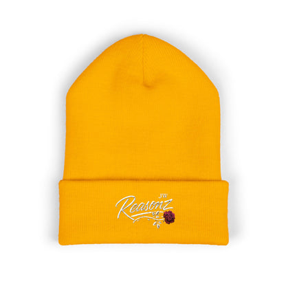 Embroidered "Rescue" Floral Cuffed Beanie - Yellow