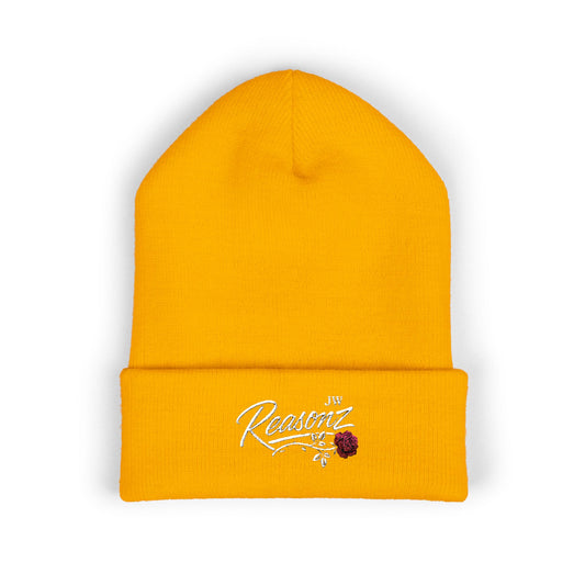 Embroidered "Rescue" Floral Cuffed Beanie - Yellow