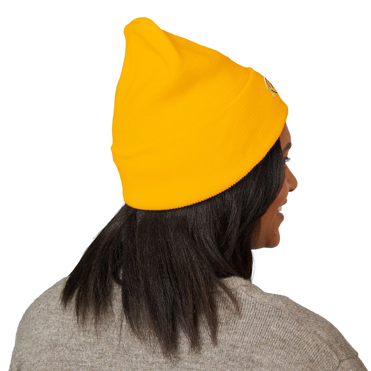 Embroidered "Rescue" Floral Cuffed Beanie - Yellow