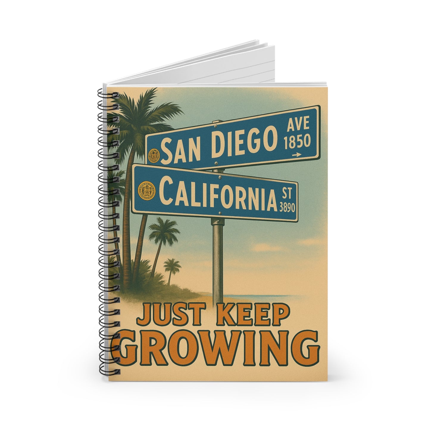 California-Inspired Spiral Notebook - Just Keep Growing, Motivational Journal, Travel Memoir, Gift for Students, Tropical Vibes
